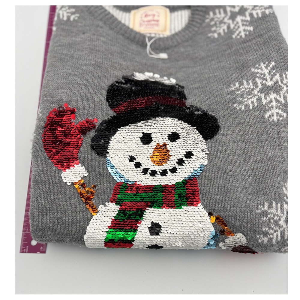 Merry Christmas Elf Approved Snowman Sequin Sweater Women's‎ Small Gray preowned